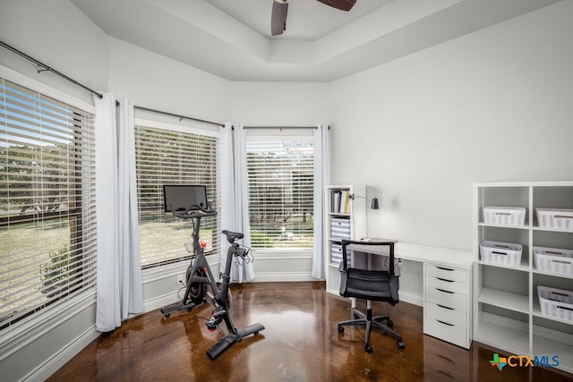 750 Cambridge Dr, New Braunfels, TX 78132 - office area with finished concrete flooring, a ceiling fan, healthy amount of natural light, and baseboards