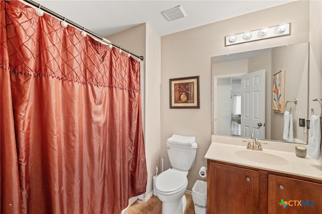 bathroom featuring visible vents, toilet, curtained shower, tile patterned flooring, and vanity