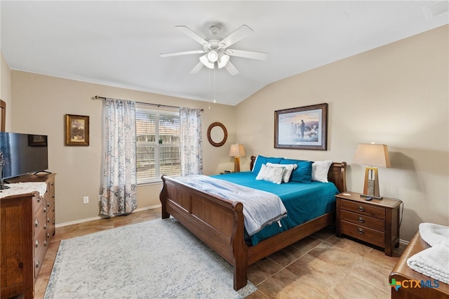 bedroom featuring visible vents, ceiling fan, baseboards, and vaulted ceiling