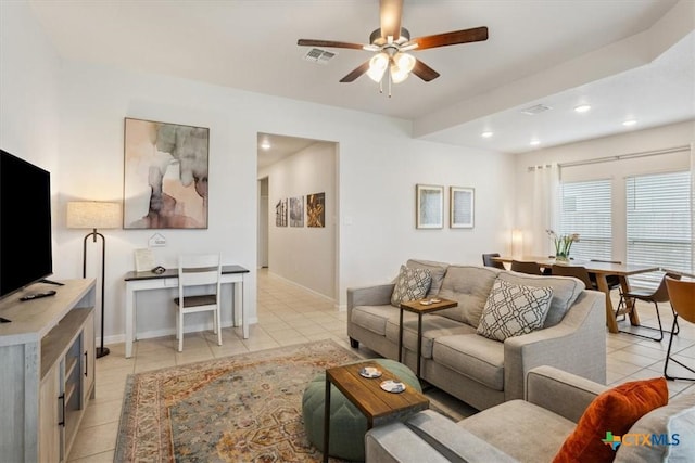 3703 Mccleland Creek Trl, Temple, TX 76502 - living area with light tile patterned floors, ceiling fan, recessed lighting, and baseboards
