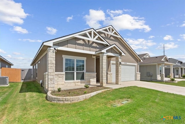 3703 Mccleland Creek Trl, Temple, TX 76502 - craftsman inspired home with board and batten siding, concrete driveway, stone siding, central air condition unit, and a garage