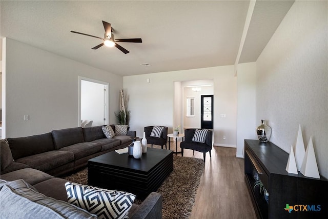 11305 Hollering Pass, Schertz, TX 78154 - living room with wood finished floors and ceiling fan