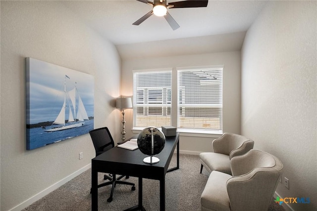 11305 Hollering Pass, Schertz, TX 78154 - carpeted office space featuring ceiling fan, lofted ceiling, and a textured wall