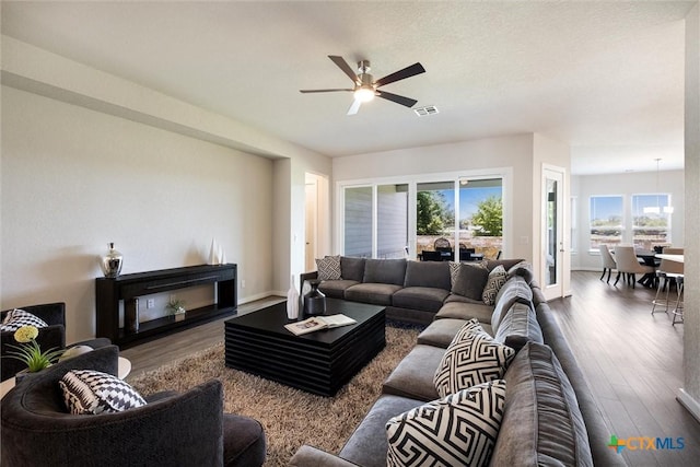 11305 Hollering Pass, Schertz, TX 78154 - living room with wood finished floors and a ceiling fan
