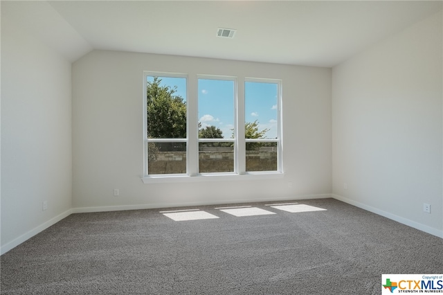 unfurnished room with carpet flooring and lofted ceiling