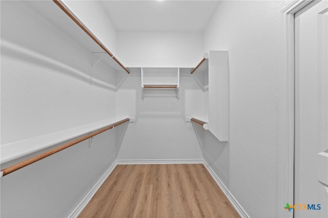 walk in closet with light wood finished floors