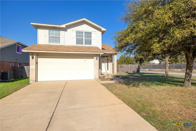 view of front property with cooling unit, a front lawn, and a garage