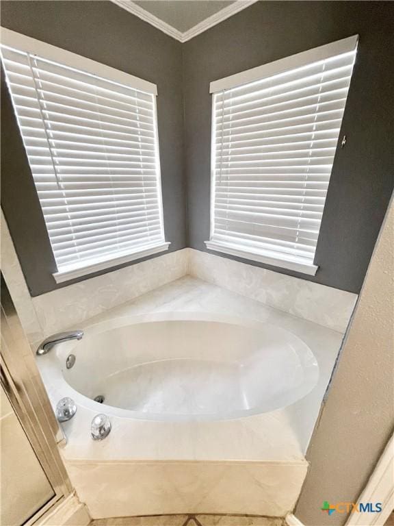 bathroom featuring a bath and crown molding