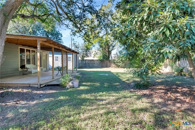 view of yard with a deck and a fenced backyard