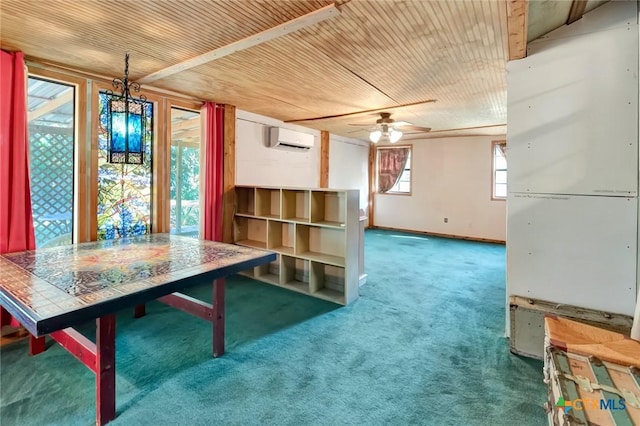 unfurnished dining area with wooden ceiling, carpet, ceiling fan, and a wall mounted AC