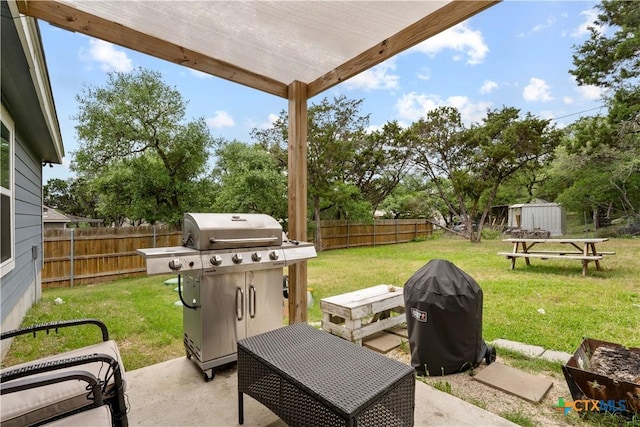 2319 Westview Dr, Canyon Lake, TX 78133 - view of patio / terrace with a fenced backyard, an outdoor structure, area for grilling, and a shed