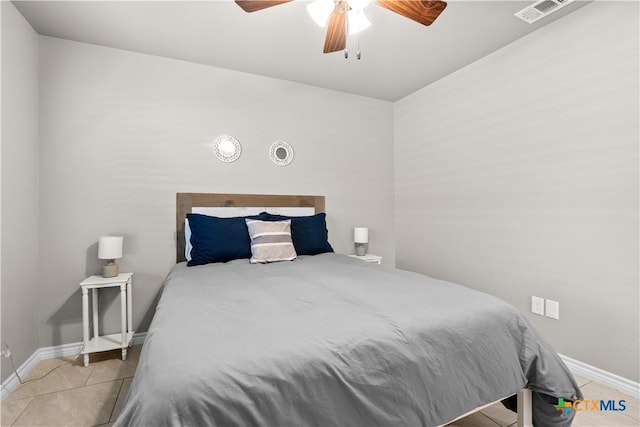 2319 Westview Dr, Canyon Lake, TX 78133 - tiled bedroom featuring baseboards, a ceiling fan, and visible vents