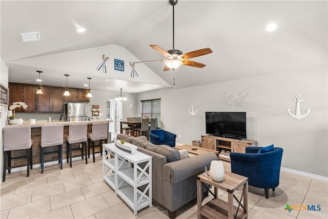 2319 Westview Dr, Canyon Lake, TX 78133 - living room featuring high vaulted ceiling, a ceiling fan, light tile patterned flooring, baseboards, and visible vents
