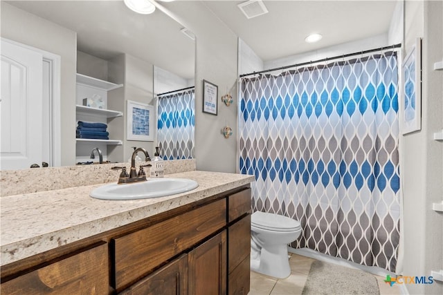 2319 Westview Dr, Canyon Lake, TX 78133 - full bath with vanity, curtained shower, toilet, tile patterned flooring, and visible vents