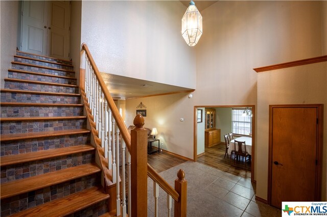 staircase featuring a towering ceiling and hardwood / wood-style floors