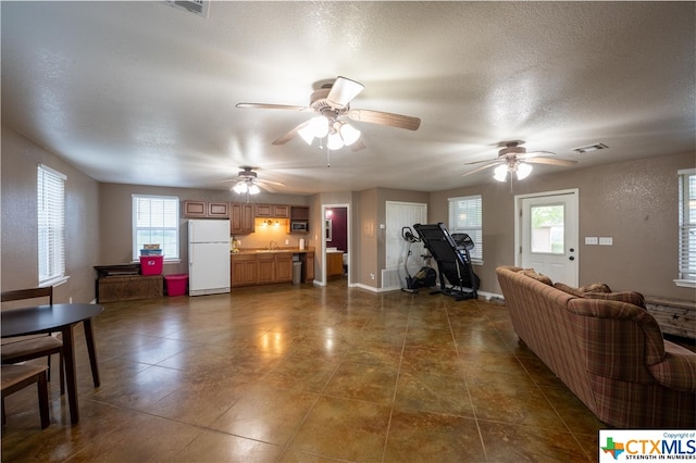 living room with a wealth of natural light, a textured ceiling, sink, and ceiling fan