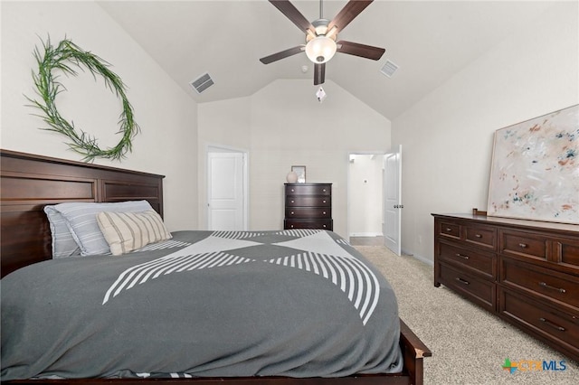 1044 Shelby Dr, Belton, TX 76513 - bedroom featuring visible vents, light carpet, high vaulted ceiling, and a ceiling fan