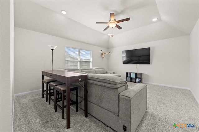 1044 Shelby Dr, Belton, TX 76513 - living room featuring lofted ceiling, carpet, baseboards, and ceiling fan