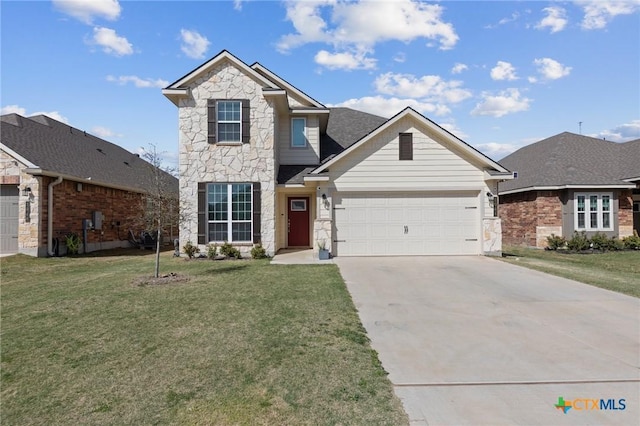 1044 Shelby Dr, Belton, TX 76513 - traditional-style house with stone siding, a garage, concrete driveway, and a front lawn