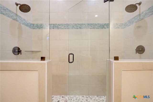 bathroom featuring a shower with shower door