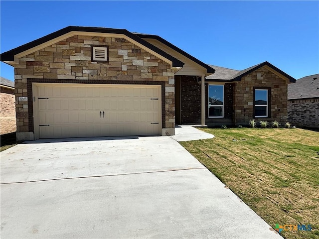 view of front of home with stone siding, driveway, a garage, and a front lawn