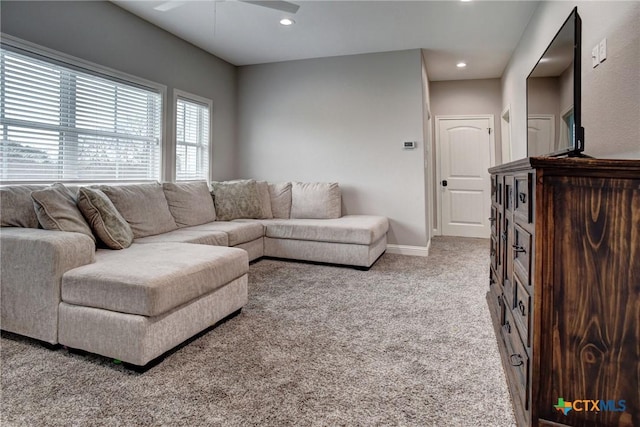 living area featuring a ceiling fan, recessed lighting, carpet, and baseboards