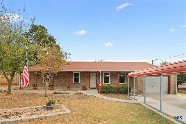 ranch-style home with brick siding, concrete driveway, and a garage