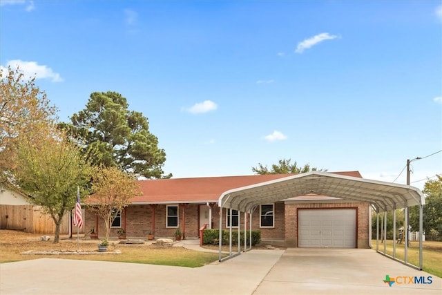 single story home with brick siding, fence, a garage, a carport, and driveway