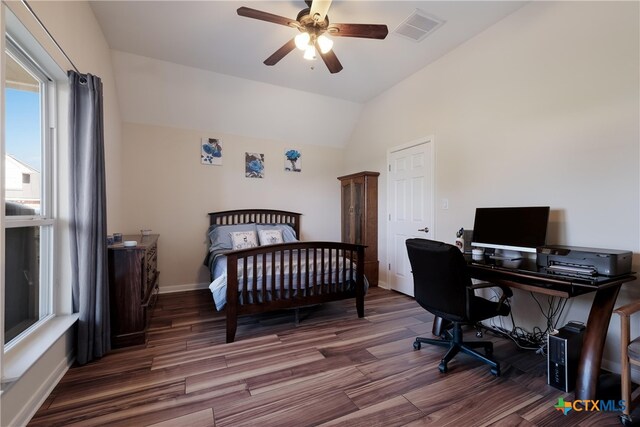 115 Scarlet Ct, Canyon Lake, TX 78133 - bedroom with wood finished floors, visible vents, vaulted ceiling, and baseboards