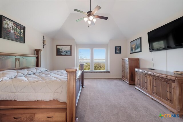 115 Scarlet Ct, Canyon Lake, TX 78133 - bedroom featuring lofted ceiling, ceiling fan, baseboards, and light carpet