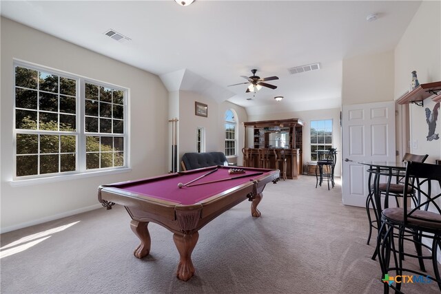 115 Scarlet Ct, Canyon Lake, TX 78133 - game room with carpet, visible vents, a ceiling fan, and pool table