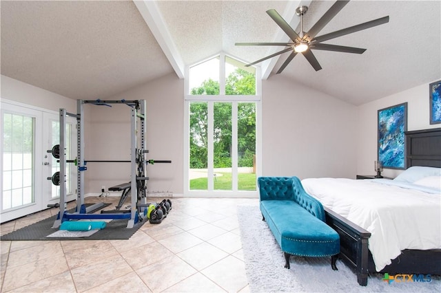 812 Trail Crest Dr, Harker Heights, TX 76548 - tiled bedroom with a ceiling fan, a textured ceiling, baseboards, lofted ceiling, and access to outside
