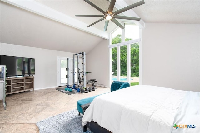812 Trail Crest Dr, Harker Heights, TX 76548 - tiled bedroom featuring ceiling fan, baseboards, vaulted ceiling with beams, and access to outside
