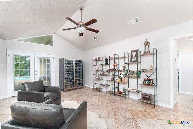 812 Trail Crest Dr, Harker Heights, TX 76548 - sitting room featuring ceiling fan, french doors, lofted ceiling, and visible vents