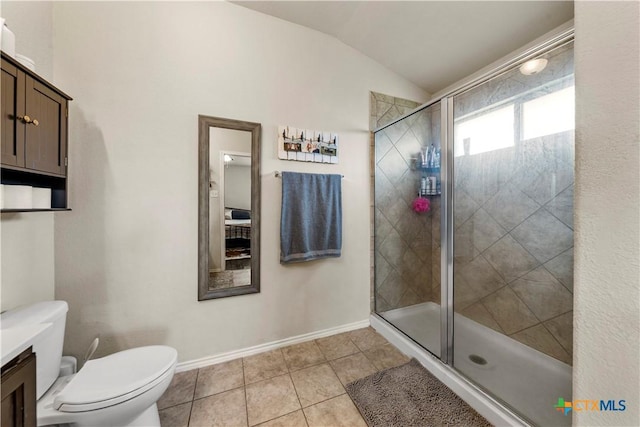 406 Coby, Troy, TX 76579 - bathroom with lofted ceiling, a stall shower, tile patterned flooring, and vanity