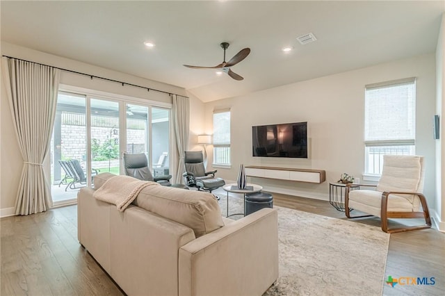 433 Skipping Cedar St, San Marcos, TX 78666 - living room featuring a ceiling fan, wood finished floors, baseboards, recessed lighting, and lofted ceiling