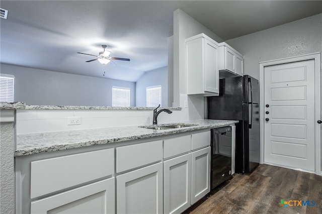 kitchen featuring black appliances, white cabinets, sink, and dark wood-type flooring