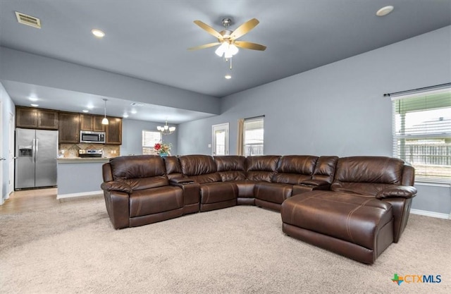 832 Paseo Del Plata, Temple, TX 76502 - living area with light carpet, healthy amount of natural light, recessed lighting, and a ceiling fan