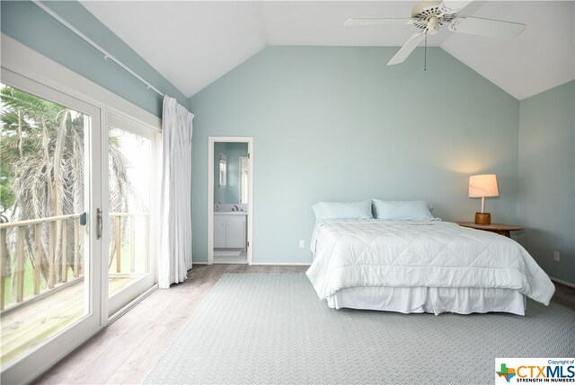 bedroom featuring access to outside, connected bathroom, vaulted ceiling, ceiling fan, and light hardwood / wood-style flooring