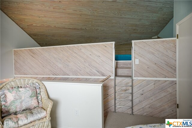 interior space with wood walls and carpet