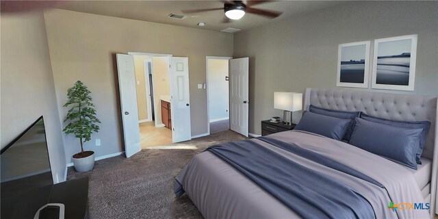 bedroom with carpet floors, visible vents, ceiling fan, and baseboards