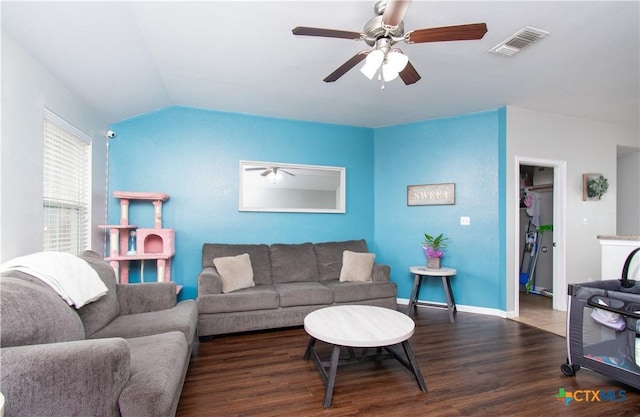 2324 Bellmont, Temple, TX 76504 - living area with wood finished floors, a ceiling fan, lofted ceiling, and baseboards
