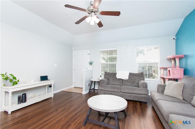 2324 Bellmont, Temple, TX 76504 - living room featuring wood finished floors, ceiling fan, baseboards, and lofted ceiling