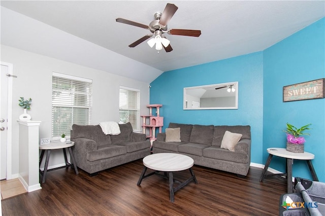 2324 Bellmont, Temple, TX 76504 - living room featuring wood finished floors, baseboards, ceiling fan, and vaulted ceiling