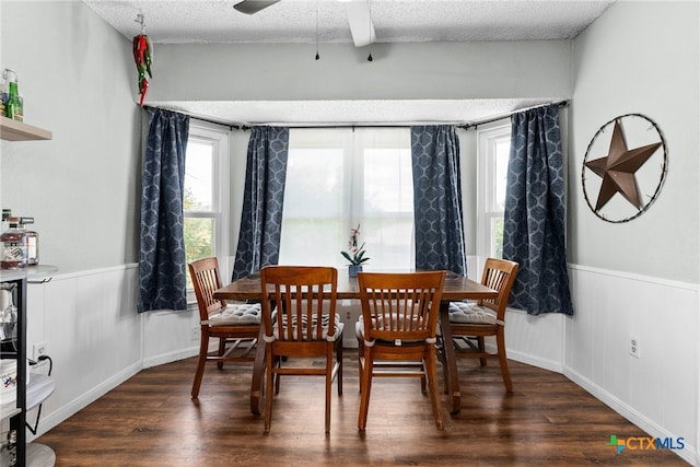 dining room with beam ceiling, dark hardwood / wood-style flooring, a healthy amount of sunlight, and a textured ceiling