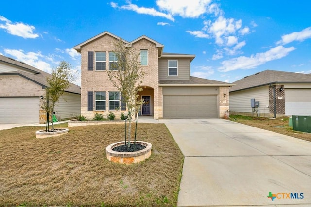 traditional home with driveway and brick siding