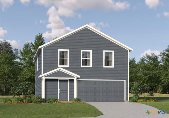 traditional-style home with driveway, a front yard, and a garage