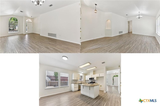 8430 Alvin High Ln, Austin, TX 78729 - unfurnished living room with lofted ceiling, a chandelier, light wood finished floors, and baseboards