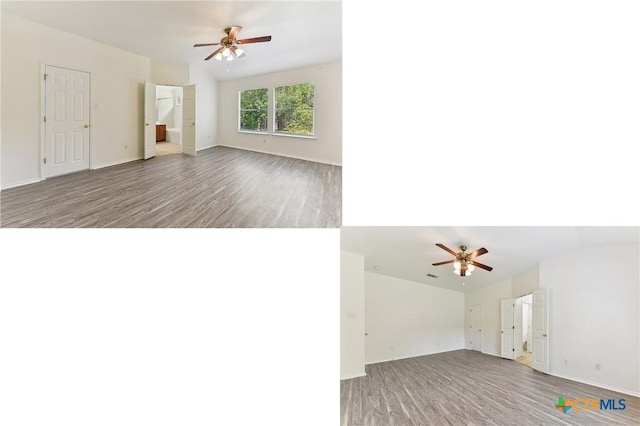 8430 Alvin High Ln, Austin, TX 78729 - unfurnished living room featuring a ceiling fan, wood finished floors, and baseboards
