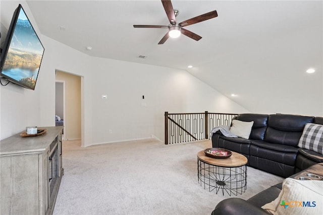 4032 Wild Bloom Rd, Seguin, TX 78155 - living room featuring a ceiling fan, light carpet, vaulted ceiling, and recessed lighting